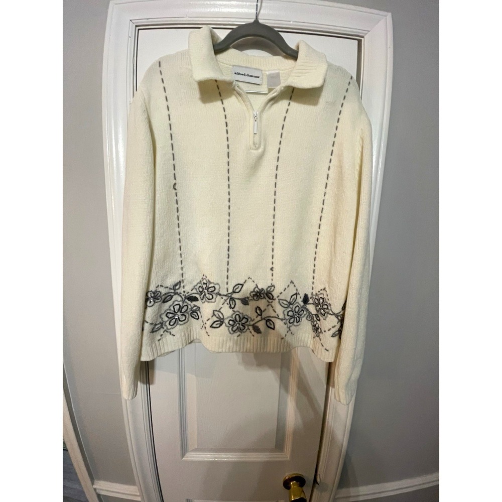Alfred Dunner Womens L Ivory/Gray Knit Collared 1/4 Zip Floral Embroidered-Soft!